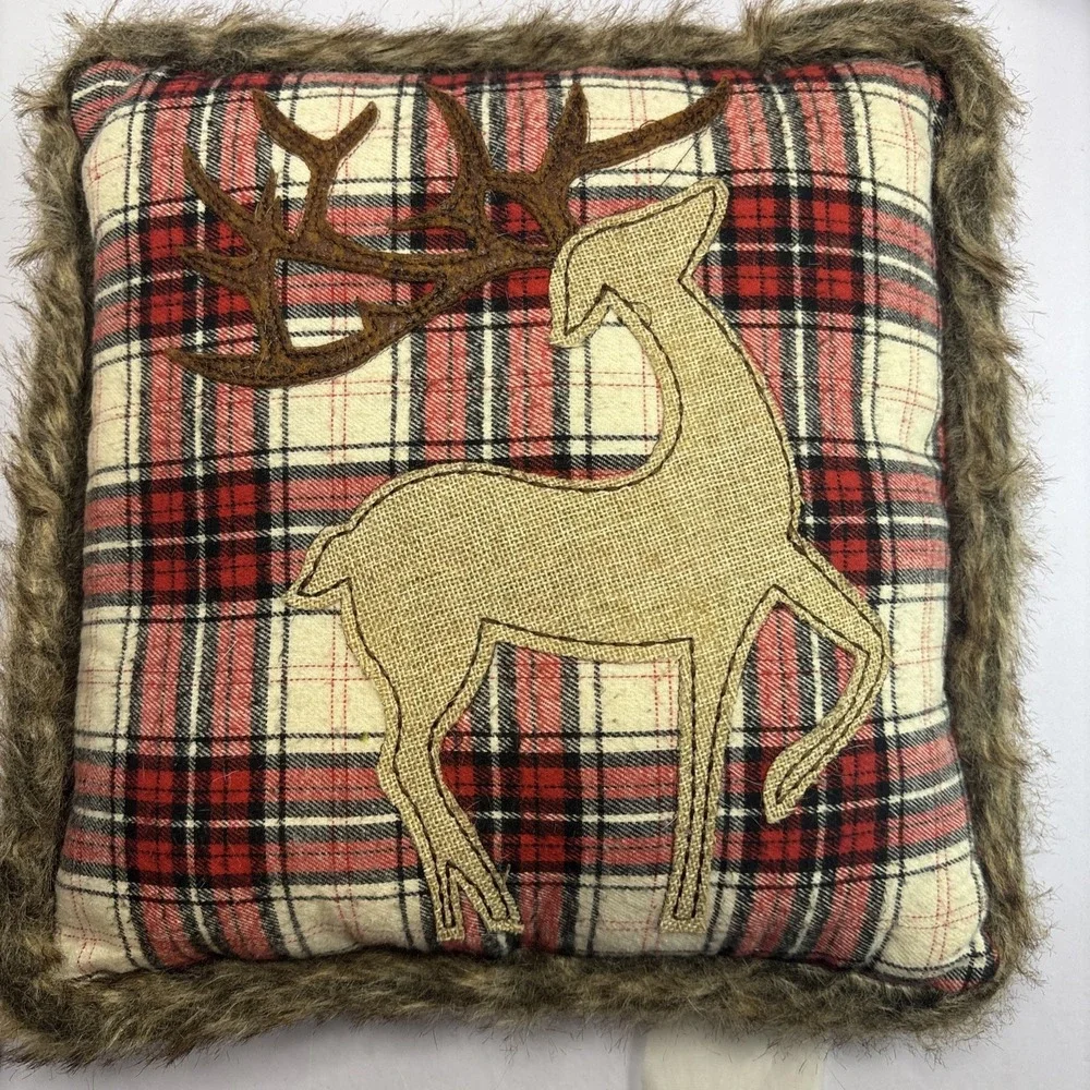 Pair Of Red Plaid Flannel Christmas Accent Pillow Faux Reindeer & Faux Fur‎  13
